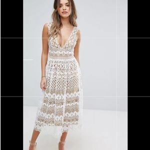 White lace midi dress. Bridal shower or summer party dress